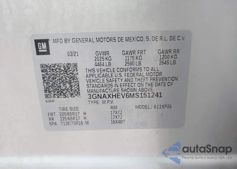 2021 Chevrolet Equinox Fwd Ls z USA, uszkodzony, nr VIN 3GNAXHEV6MS151241